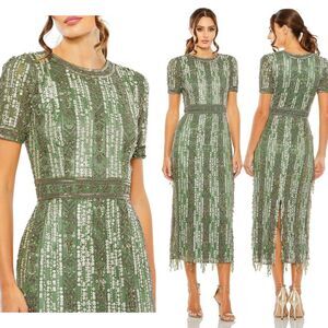 Mac Duggal Sage High Neck Short Sleeve Crystal Fringe Column Dress $598 Size‎ 14